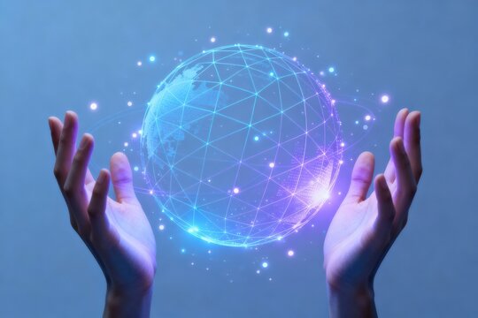 Hands holding global network and data customer connection Digital globe held by hands with glowing connections and particles.