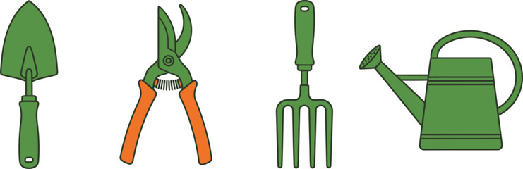 Basic Gardening Tool Icons Trowel, Pruner, Garden Fork, Watering Can