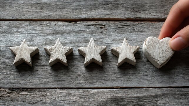 Hand puts a wooden heart next to five stars on a wooden background, showing love and appreciation - Powered by Adobe