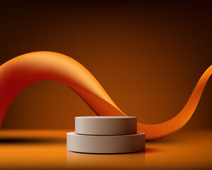 Modern 3D Product Display Podium Mockup with Beige Pedestals, Warm Brown Background, and Dynamic Orange Wave for Luxury Cosmetic Marketing and E commerce Showcase