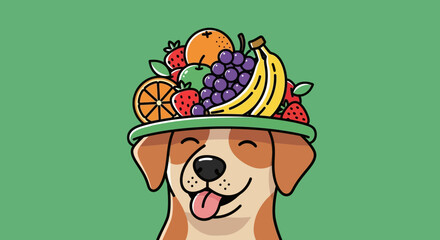 Cheerful dog cartoon with a hat made of colorful ripe fruits conveying humor and joy