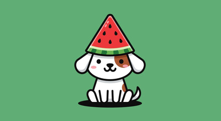 Adorable cartoon dog with a watermelon hat on green background for summer vibe illustration