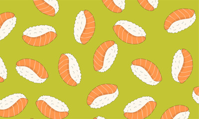 Nigiri seamless vector pattern. Sushi with Salmon pattern. Vector seamless pattern with salmon nigiri sushi. Ideal for Japanese food packaging, restaurant menus, and wallpapers