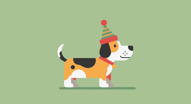 Festive beagle sporting a whimsical party hat celebrates a special occasion with geometric charm