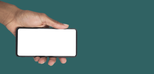 Modern phone mockup in human hand, empty display for mobile app presentation or web marketing
