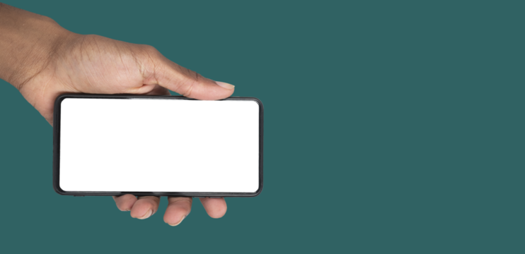 Modern phone mockup in human hand, empty display for mobile app presentation or web marketing