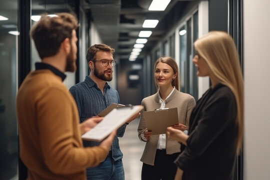 Diverse group of four professionals in a modern office hallway discussing documents and collaborating on a project showcasing teamwork and communication