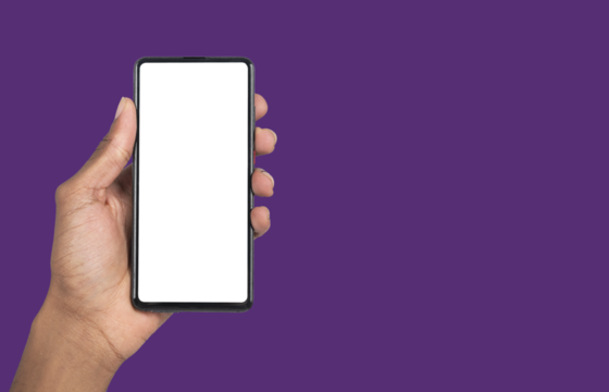 Person showing smartphone with white screen, concept for product advertising, promo banner or UI