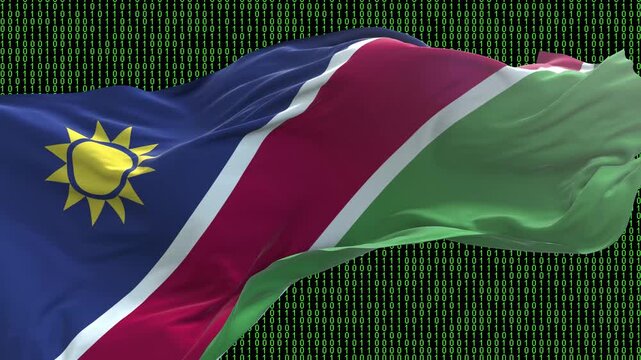 Namibia flag - Waving flag on matrix binary code background