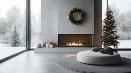 Cozy living room with fireplace and Christmas tree