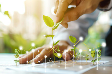 Close up of a person s hands gently nurturing a small green plant seedling with a blurred background of nature and glowing lights symbolizing growth and innovation