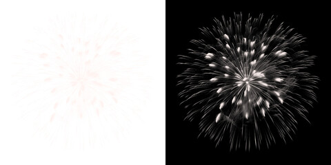 Fototapeta premium Two fireworks exploding in the night sky, one light pink and one monochrome