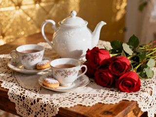 Fototapeta premium A romantic still life featuring a white teapot and two cups of tea with floral patterns, next to a bouquet of wet red roses, all on a lace-edged wooden table.