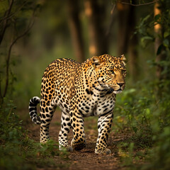 Obraz premium photograph of a leopard walking through the jungle