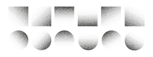 Abstract gradient set with square and round shapes, grain and noise texture. Stipple pattern, halftone effect, and grunge dust elements. Modern geometric vector design in black and white retro style