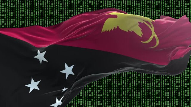 Papua New Guinea flag - Waving flag on matrix binary code background