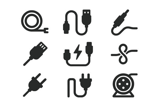 Electrical cables silhouette icon set. featuring coil, usb, aux, adapter, plug, extension, and power symbols