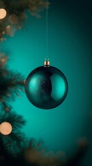 Monochrome Transformative Teal Christmas Ornament Shining Softly in Holiday Atmosphere. Monochrome Objects in Transformative Teal Minimalist Modern Aesthetic Still Life