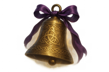 Celtic bell with triquetra knotwork and purple ribbon, symbolizing magic, spirituality, fantasy, and good luck