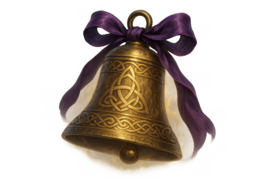 Celtic bell with triquetra knotwork and purple ribbon, symbolizing magic, spirituality, fantasy, and good luck