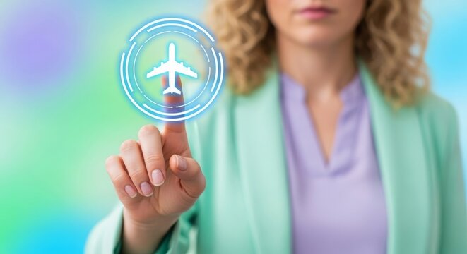 Woman selecting airplane icon on touchscreen with green background - Powered by Adobe