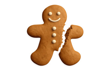 Gingerbread man cookie broken into two pieces, showing a clear separation with a transparent background