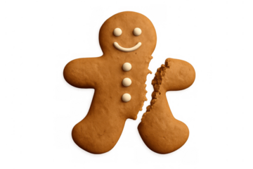 Gingerbread man cookie broken into two pieces, showing a clear separation with a transparent background