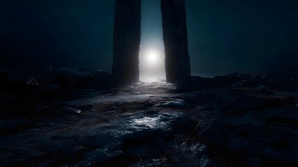Ancient cosmic portal glowing between stone monoliths under a dark misty sky