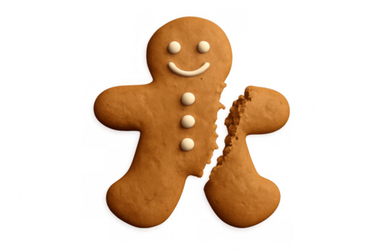 Gingerbread man cookie broken into two pieces, showing a clear separation with a transparent background