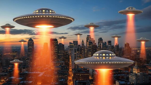 Alien invasion of ufos over a city skyline at dusk