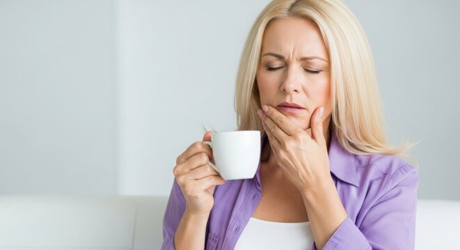 Woman holding a cup and feeling pain while touching her jaw  