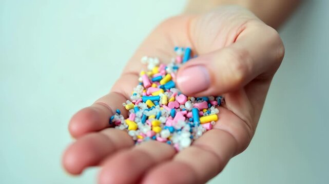 Colorful microplastic debris in a human hand showing harmful effects of plastic pollution