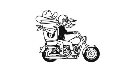 Motorcycle rider carrying oversized coffee with cowboy hat, a humorous and adventurous design