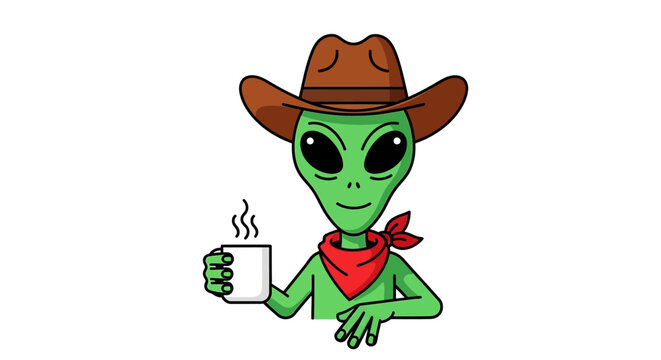 An extraterrestrial cowboy enjoying a warm beverage with a relaxed facial expression