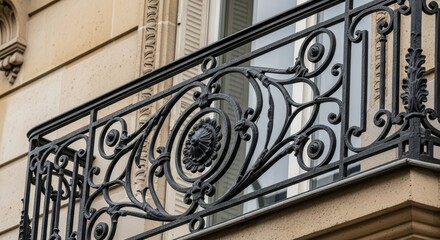 Ornate iron balcony railing on stone building exterior