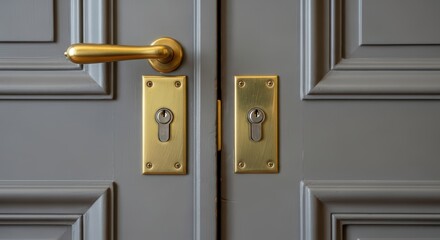 Elegant closed gray double doors with golden handles and keyholes