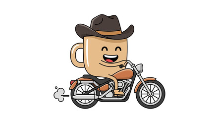 A joyful coffee cup with a cowboy hat rides a motorcycle, embodying a sense of adventure and