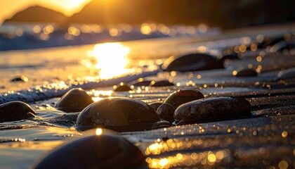 Close up of smooth round stones on a sandy beach with gentle waves and golden sunset light reflecting on the water creating a serene coastal landscape