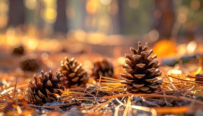Close-up on pinecones scattered on a forest floor bathed in warm golden hour sunlight with soft bokeh background