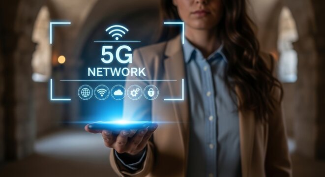 Woman holding smartphone displaying 5G network logo in corridor