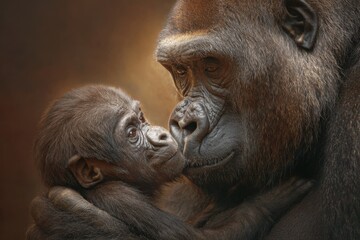 Heartwarming moment as a loving gorilla mother shares a tender embrace with her baby in a serene and warm environment