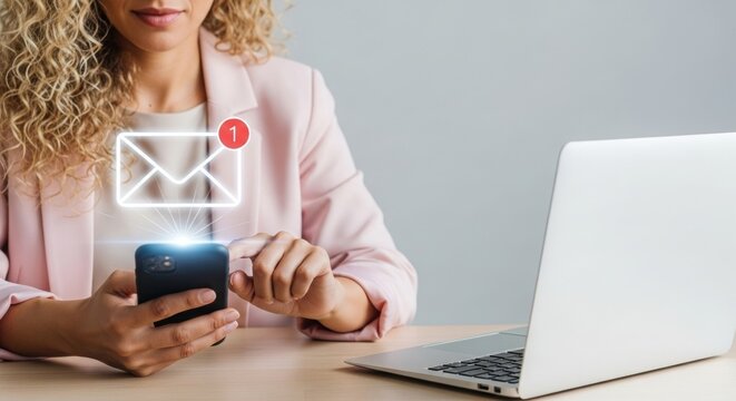 Woman checking email notification on smartphone at desk with laptop