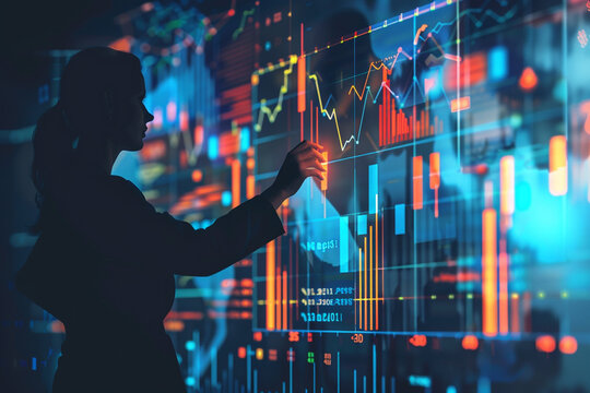 Silhouette of a person in front of a vibrant futuristic digital display showing stock market charts and financial data with glowing blue and red lights