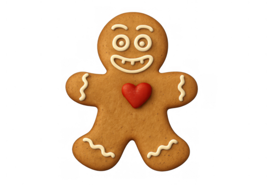 Gingerbread man cookie with red heart, festive holiday dessert for christmas and winter season, transparent background