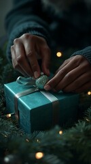 Elegant monochrome teal gift box in dark hand with pine branch Christmas