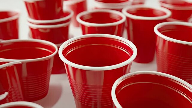 A close-up view of numerous red plastic drinking cups with white rims with one cup in sharp focus in the foreground