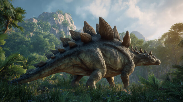 AI-generated image - A realistic Stegosaurus walking in a lush prehistoric jungle, with sunlight illuminating its textured skin and distinctive back plates.