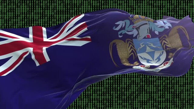 Tristan da Cunha flag - Waving flag on matrix binary code background