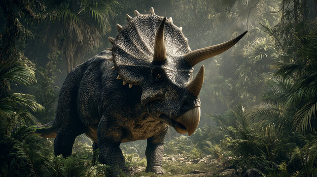AI-generated realistic illustration of a Triceratops dinosaur standing in a dense prehistoric jungle, surrounded by lush green vegetation and soft natural light, perfect for educational or scientific 