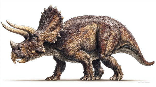 AI-generated realistic illustration of a Triceratops dinosaur standing on a white background, showing detailed texture of skin, horns, and frill for educational and scientific purposes.